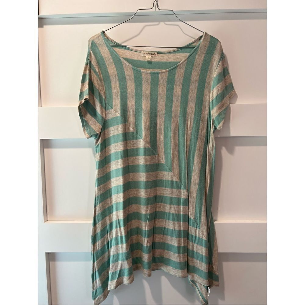 Love on a Hanger teal and gray striped sharkbite hem top